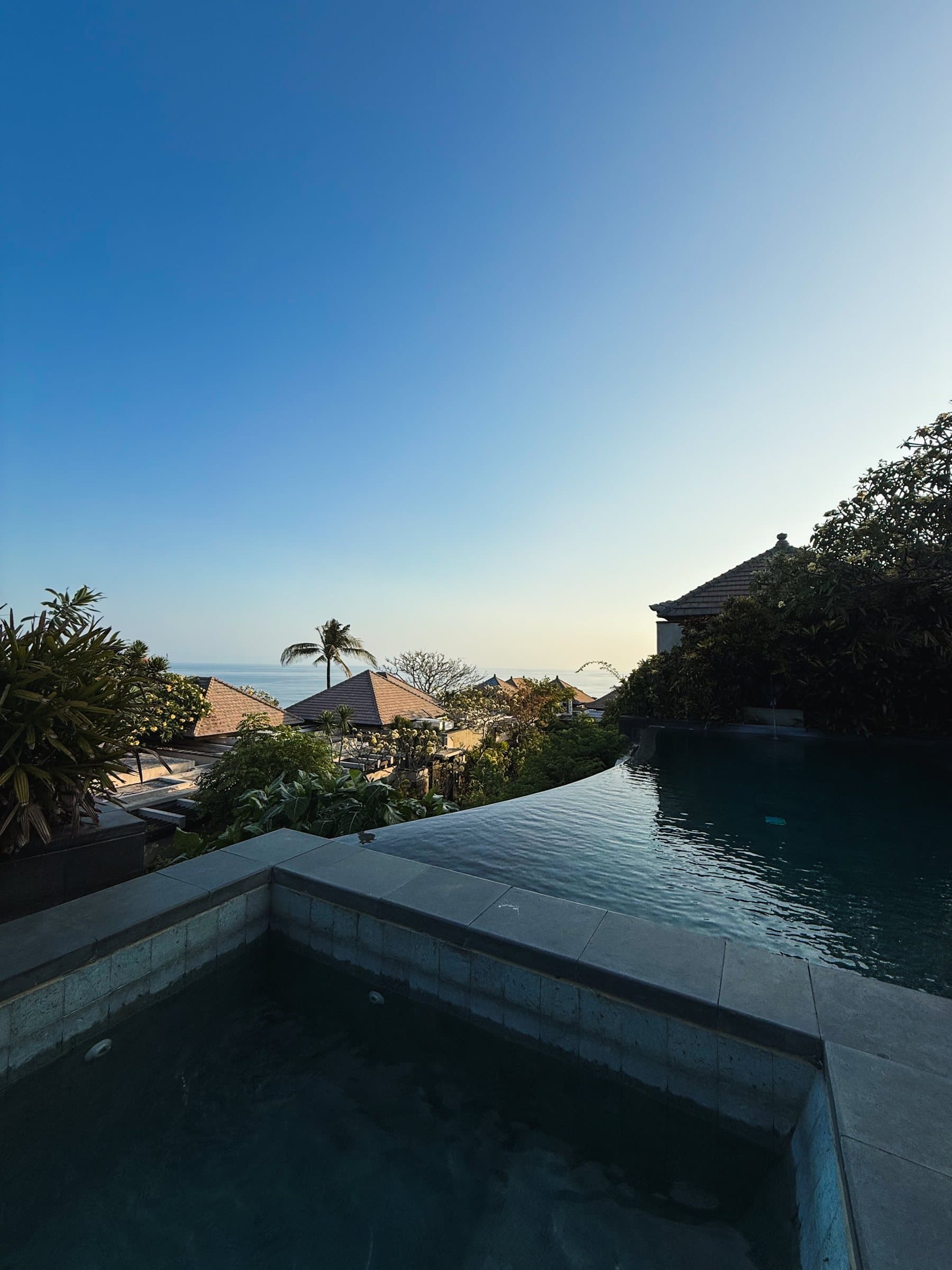 Plunge pool at dusk looking over palms and thatched roofs to the sea